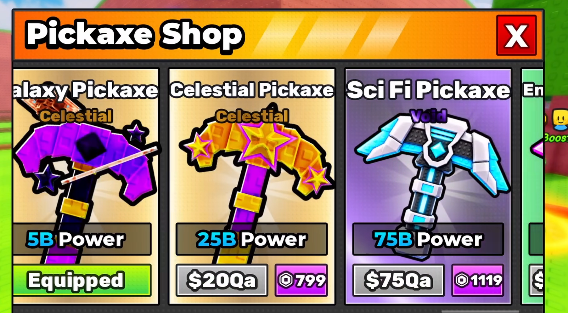 The Break and Steal an Egg Pickaxe Shop on 11 October 2026, showing Galaxy at 5B Power marked Equipped, Celestial at 25B Power for $200Qa and 799 Robux, and Sci Fi at 75B Power for $75Qa and 1119 Robux.