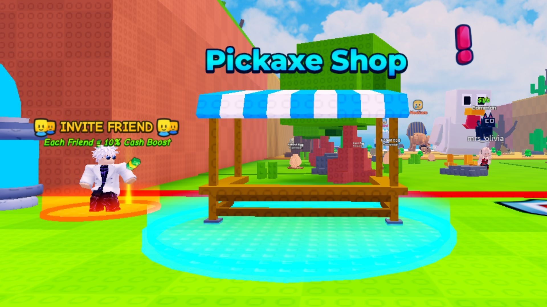 The Pickaxe Shop stall in the Break and Steal an Egg safe-zone hub, with the vendor standing to the left of the counter.